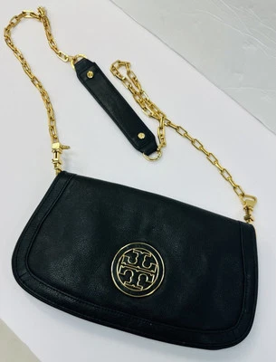 Tory Burch Amanda Logo Clutch Crossbody Bag in Black Chain Strap Pebbled Leather - Image 1 of 4