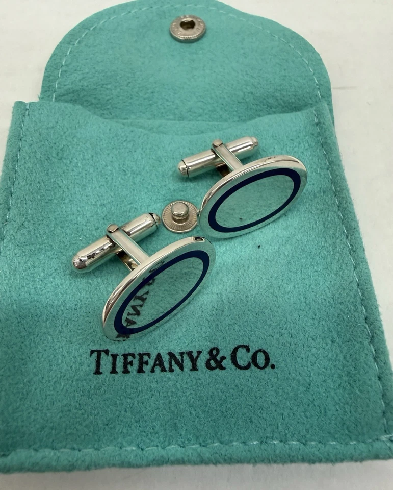 Gemelos Tiffany & Co plateados azules a rayas esmaltados círculo **COMO NUEVOS** Foto 1 de 1