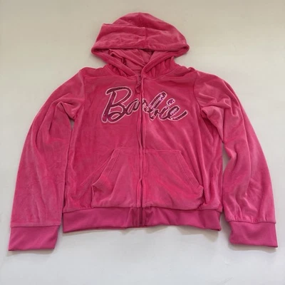 Vintage BARBIE Velour Hoodie Tracksuit Jacket Rare Pink Graphic KID Large Y2K 90 - Image 1 of 4