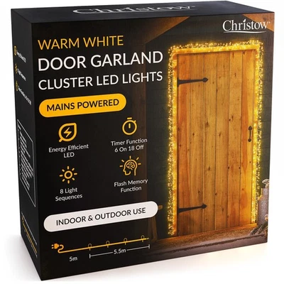 CHRISTOW Christmas LED Door Garland Warm White 8 Modes Timer Indoor Outdoor 5.5m
