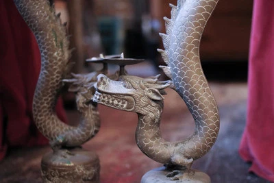 Pair of Brass Chinese Floor Standing Candle Holders - Image 1 of 4