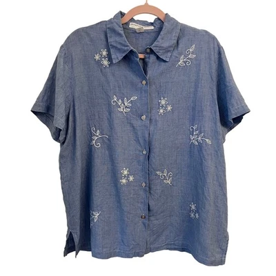 Camisa vintage Josephine Chaus 100% linho bordada com botões L azul vovó costeira - Imagem 1 de 4