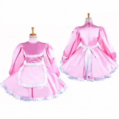 Niña Sissy Maid Bloqueable Rosa Satinado Manga Larga Vestido Cosplay Disfraces A Medida Foto 1 de 4