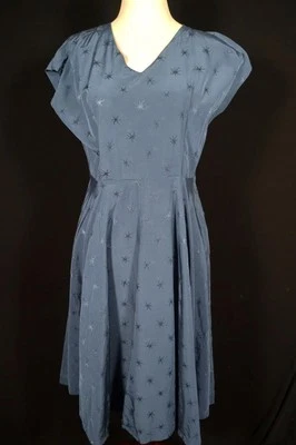 Vintage 1950's French Blue Rayon Brocade Star Print Dress Size 10+ Exc Condition - Image 1 of 3