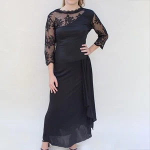 Vtg 80s Asymmetrical Maxi Dress Small Black Sheer Floral Lace Drop Waist Draped - Picture 1 of 13