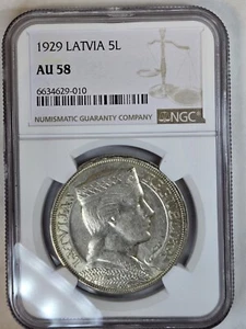 1929 Latvia 5 Lati NGC AU58 - Picture 1 of 6