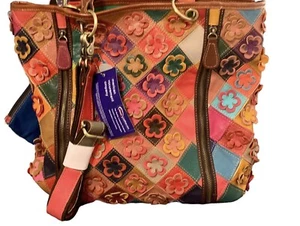 AmeriLeather NEW Patchwork Floral Maxille Leather Handbag Tote Cross Body *READ* - Picture 1 of 23