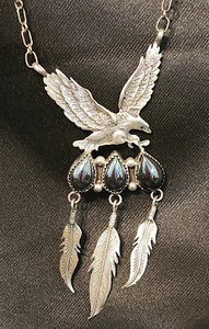 Vintage Navajo Sterling Eagle Pendant Necklace Hematite 3 Stones & 3 Feathers - Picture 1 of 3