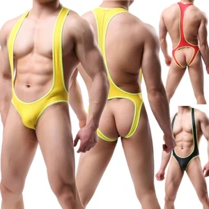 Para hombre Cuero PU Look Húmedo Body Leotardo Lucha Singlete Botón Abierto Mono - Imagen 1 de 44