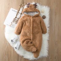 Newborn Baby Boys Girls Winter Hooded Warm Fleece Jumpsuit Romper Warm Outwear