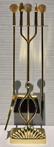 FIREPLACE TOOL SET 5 PIECE VINTAGE Brass Seashell Clam Shell 80’s Art Deco - Picture 1 of 15