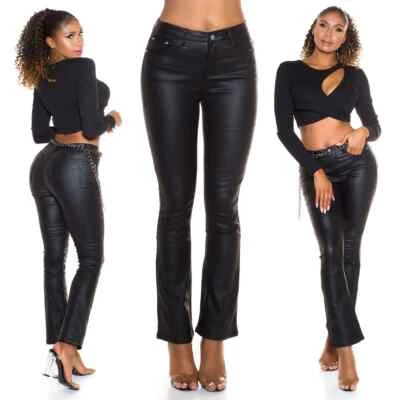 Damen Thermo Hose Wetlook Lederlook Kunstleder Optik Bootcut Jeans  - Bild 1 von 4