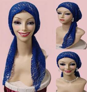 Pre-Tied Slip On. Head Scarf Hair wrap Head Covereing.Tichel. Blue Lace - Picture 1 of 9