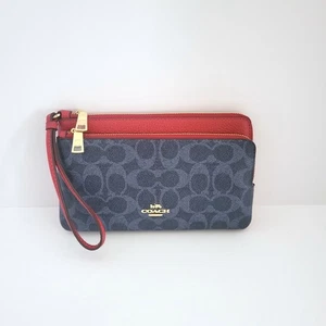 Coach CX161 Double Zip Wallet Signature Canvas  Wristlet Denim Bold Red Clutch - Picture 1 of 8