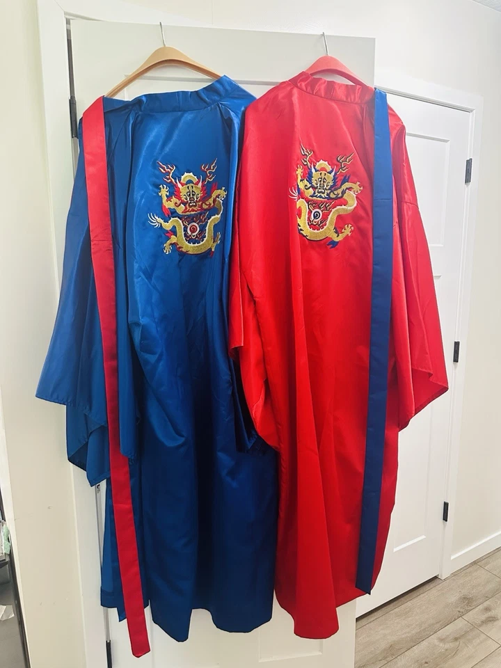 Lote De Colección 2 Batas de Dragón Chino Bordadas Dragón Rojo y Azul XXL Kimono de Seda Foto 1 de 4