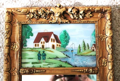 EXCELENTE 28" ANTIGO ESPELHO TRUMEAU PINTURA REVERSA ORNAMENTADA ART NOUVEAU RIO DE MADEIRA - Imagem 1 de 4