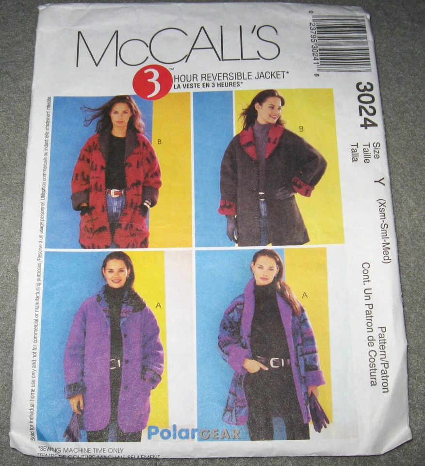 MCCALLS PATTERN #3024 THREE REVERSIBLE FALL/WINTER JACKETS - SIZES: XS-S-M - CUT - Image 1 of 1
