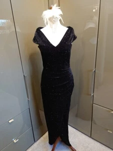 Quiz Black Velvet Long Dress 12 Sparkle Shimmer Formal Evening Bardot Shoulder - Picture 1 of 12