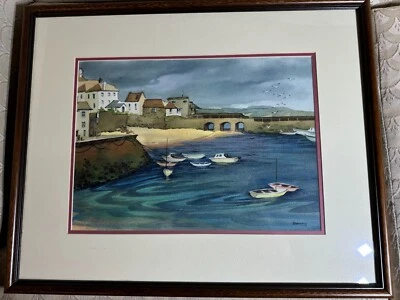 Pintura en acuarela Carol Barany (nacida en 1935/43) "escena de paisaje costero" enmarcada Foto 1 de 4