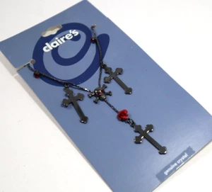 D4 Cross pendant charm skull red crystal rose jet metal Claires Jewelry NECKLACE - Picture 1 of 4