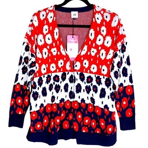 CAbi fröhliche Strickjacke Druckknopf Pullover V-Ausschnitt rot weiß blau Blumen Streifen Style 6163 - Bild 1 von 13