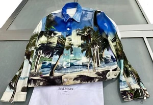 UltraRare & Great Balmain SS19 Palm Tree Print Zipped Cuffs Denim Jacket XXL - Picture 1 of 24