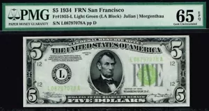 $5 1934 San Francisco FRN. Fr. 1955-Llgs. LIGHT GREEN SEAL. LGS. PMG 65 EPQ - Picture 1 of 3
