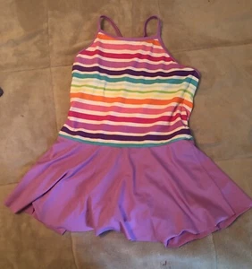 Lands End Girl Sz 14 Striped Pink Green Skirt Dress One Piece Swimsuit Racerback - Picture 1 of 4