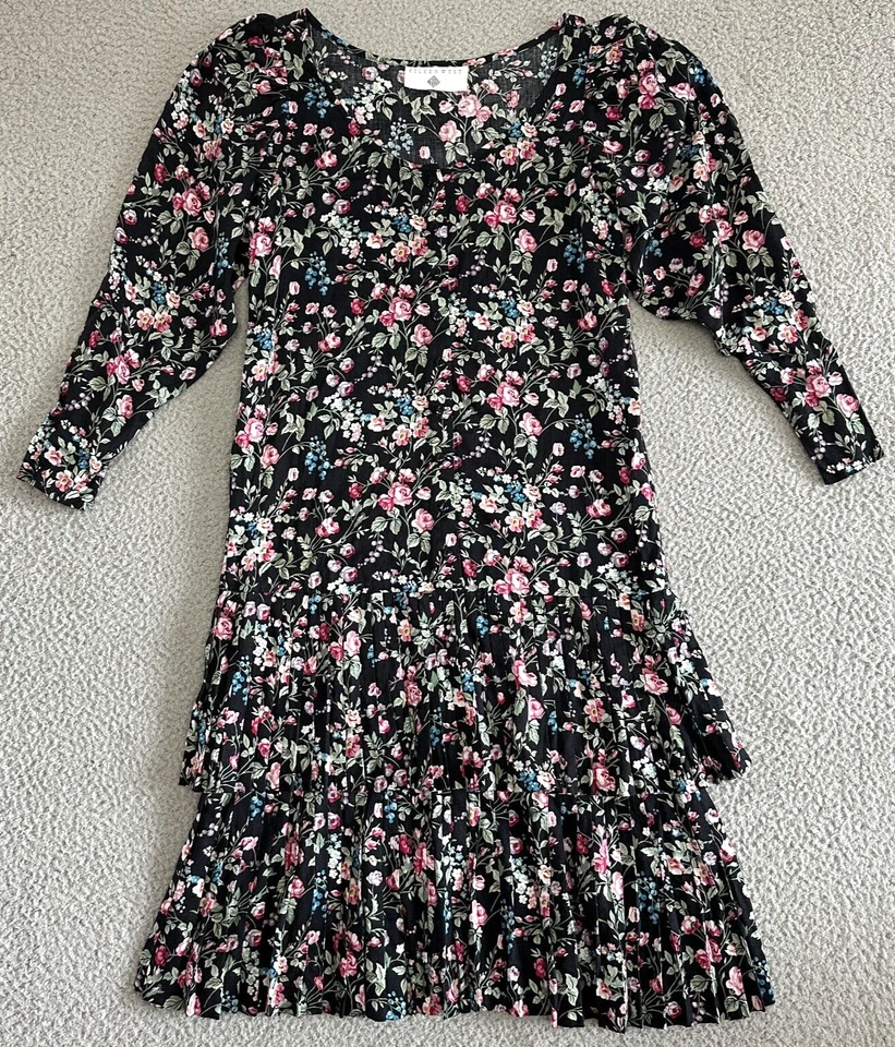 Винтажный Eileen West макси платье sz 8 цветочный плиссированные Midi черный контраст 80-х - Изображение 1 из 4