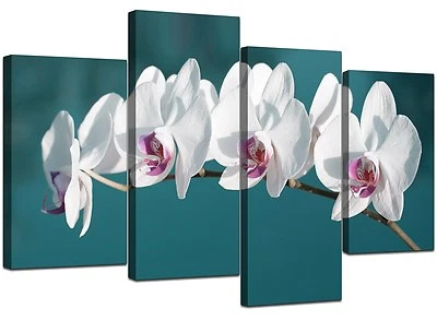 Large Teal White Floral Orchids Canvas Wall Art Prints Pictures 4115  - Image 1 of 4