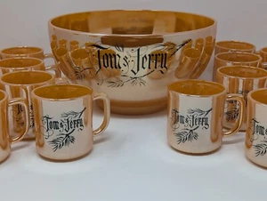 Vintage Fire King Peach Lustre Tom & Jerry Punch Bowl & 16 Mugs Set - Picture 1 of 16