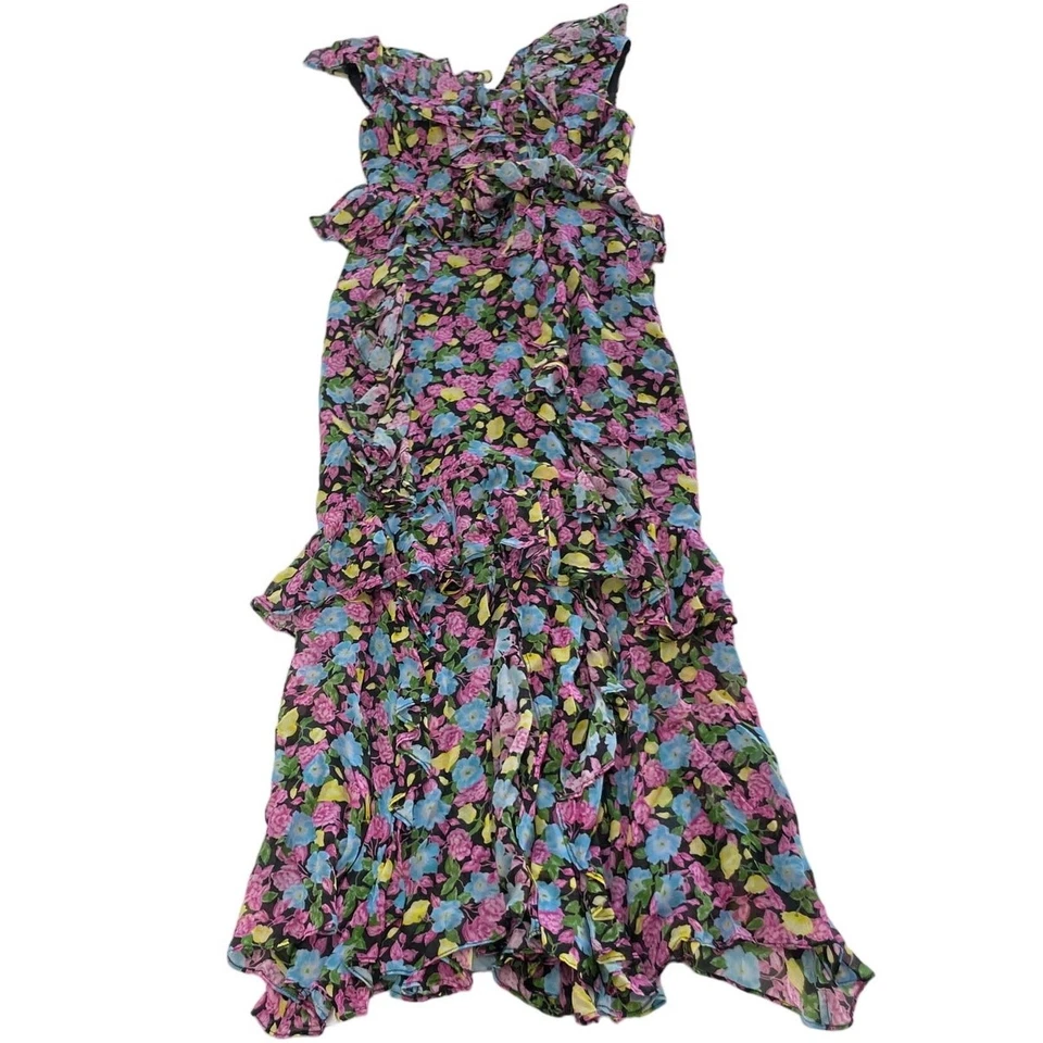 Amur Dress Women 2 Black Pink Blue Evita Maxi Floral Print Chiffon V Neck Ruffle - Image 1 of 4