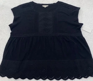 Lucky Brand Shirt Womens Black Eyelet Lace Trim Cap Sleeve Soft Top Size 1X New - Picture 1 of 7