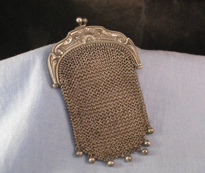 BORSA BORSETTA PORTAMONETE FRANCESE ARGENTO ART NOUVEAU ANTICA CATENA RETE - Foto 1 di 17