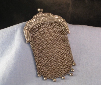 BORSA BORSETTA PORTAMONETE FRANCESE ARGENTO ART NOUVEAU ANTICA CATENA RETE - Immagine 1 di 4