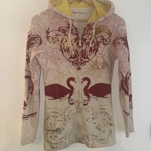 Crystal Rock Christian Audigier Hoodie S Rhinestone Swan Faith Pink Red Gold - Picture 1 of 13