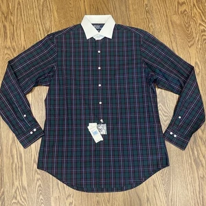 Vtg Polo Ralph Lauren Shirt Mens 16.5 Large Tartan Green Plaid Contrast Collar - Picture 1 of 9