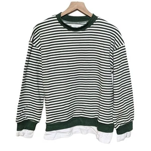 Cali Be Womens Striped Oversized Layered Sweatshirt Size M Green White Top NWT - Picture 1 of 4