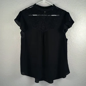 Express Floral Lace Top Short Sleeve Women's Size Large Black  - Picture 1 of 4