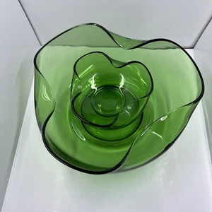 Vintage Mid-Century Green Glass 9" & 5” Bowls with Folded sides. Chip and dip - Picture 1 of 9