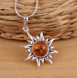 Natural Baltic Amber Large Sun Pendant 925 Sterling Silver Amber Necklace Chain - Picture 1 of 7