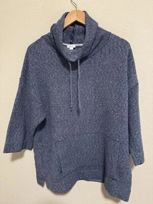 Suéter Pullover Pure J Jill Cuello Capucha Talla M Azul Manga 3/4 Bolsillos con Cordón Foto 1 de 4
