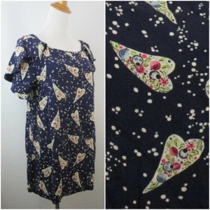 ODILLE Anthropologie Dark Purple Blue Print Flutter Sleeve Shirt Womens sz 6 - Picture 1 of 8