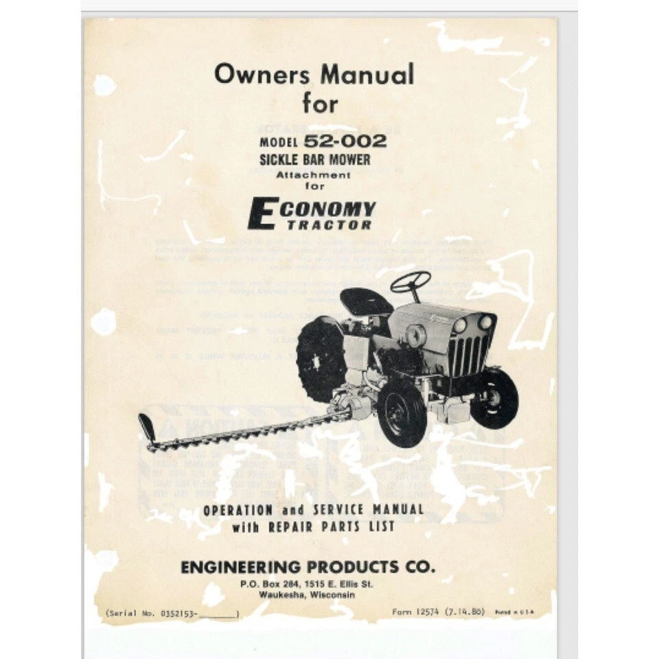 power king sickle bar owner parts manual for model 52-002 year 1980