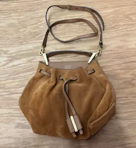 VINCE CAMUTO Drawstring Suede & Leather Crossbody Bag Saddle Tan - Picture 1 of 11