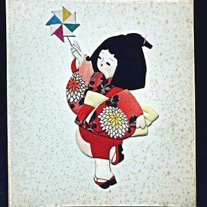 Oshie 3D Textile Collage Shikishi Paper Craft Japanese Art Board Red Kimono Art - Picture 1 of 6