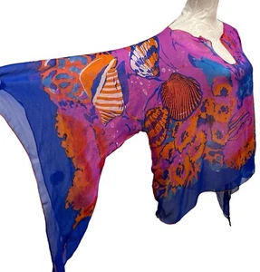 Nordstroms Women OS 100% Silk Blouse Cover Up Swimwear Seashells Jellyfish Blue - Picture 1 of 13