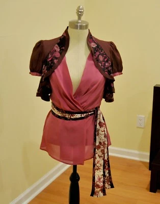 古驰丝绸印花花卉荷叶边衬衫上衣 IT 40 美国小号性感时尚! — 第 1/4 张图片