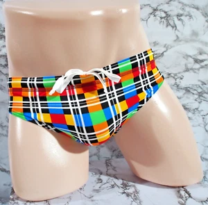 MEN'S FUNKY TRUNKS POLYESTER MULTICOLOURED CHECK SWIM BRIEFS SIZE SMALL 30" - Picture 1 of 9