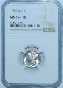 1929 S NGC MS67+FB Full Bands Mercury Dime Tied for Finest Registry - Picture 1 of 2